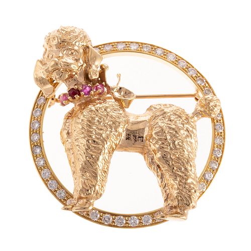 A 14K Yellow Gold Diamond & Ruby Poodle Brooch