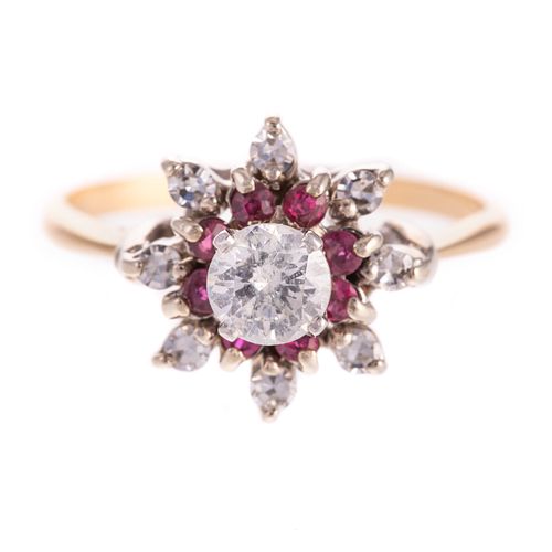 A Diamond Ring with Rubies Set in 14K Yellow Gold