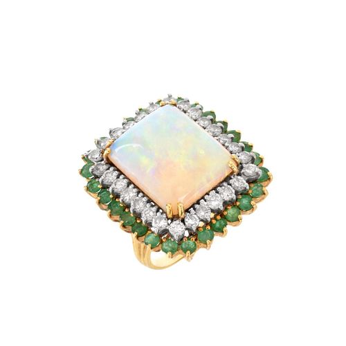 Opal, Diamond, Emerald and 14K Ring
