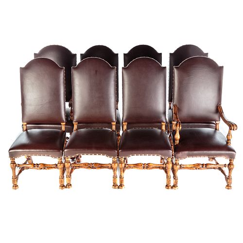Eight Baroque Style Leather Dining Chairs