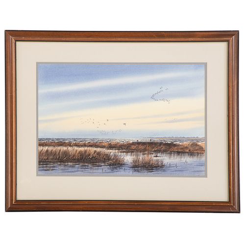 Ned Ewell. Ducks Flying Over Marsh, watercolor