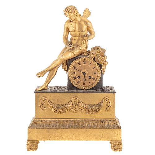 French Empire Gilt & Patinated Bronze Mantel Clock