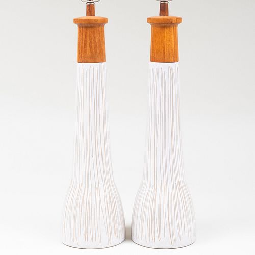 Pair of Martz Wood Mounted Glazed Pottery Ceramic Table Lamps