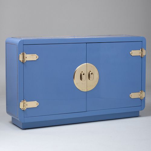 Mastercraft Style Console Cabinet in Soft Blue Lacquer and Brass