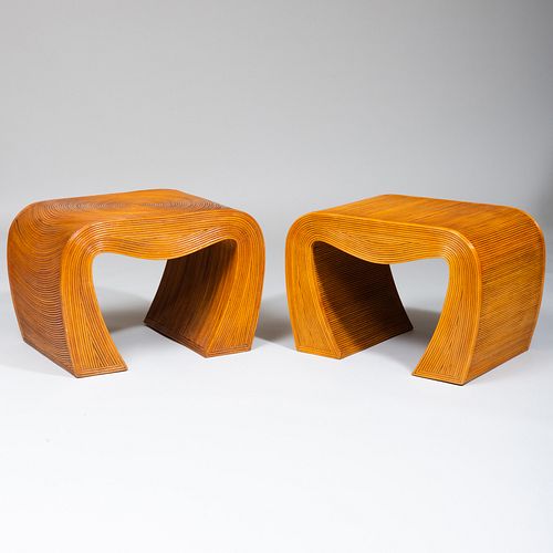 Pair of Modern Rattan Covered End Tables
