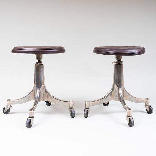 Pair of Darrell Landrum Modern Nickel Plated and Leather Stools for Avard USA