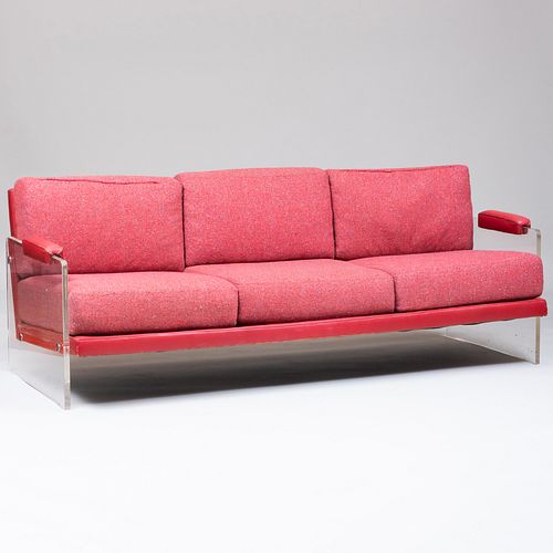 Vladimir Kagan Upholstered Leather, Cotton and Lucite Three Seat Sofa