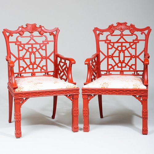 Pair of Chinese Chippendale Style Lacquer Chairs