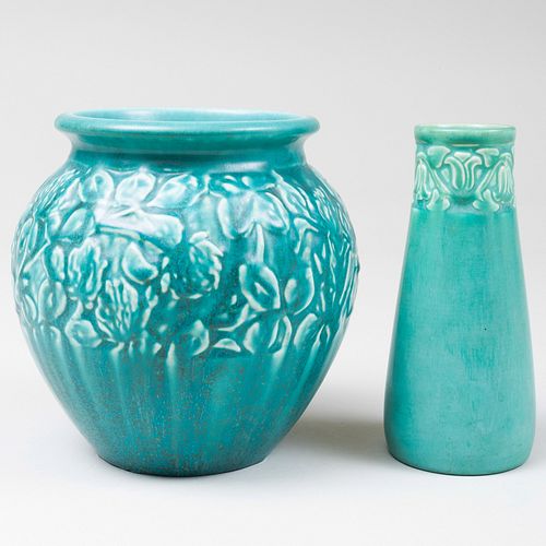 Two Rookwood Pottery Turquoise Glazed Vases Molded with Stylized Flowers