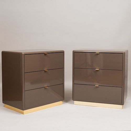 Pair of Steve Chase Light Brown Lacquer and Brass Nightstands
