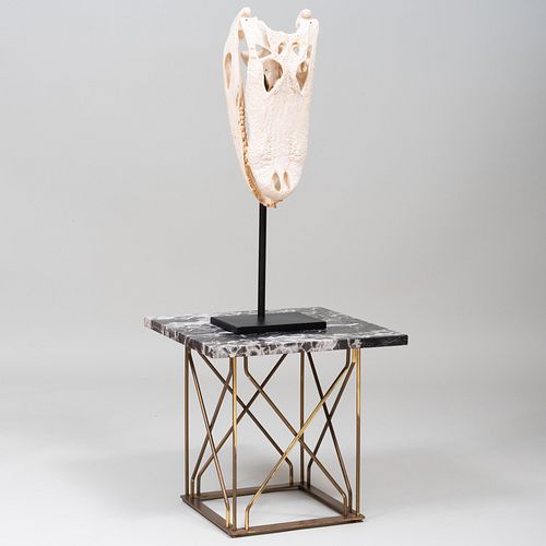 Crocodile Skull Trophy and Marble Gilt-Metal Marble Top Table