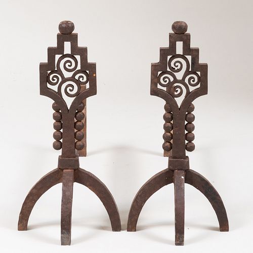 Pair of Art Deco Wrought Iron Andirons, Attributed to Paul Kiss 