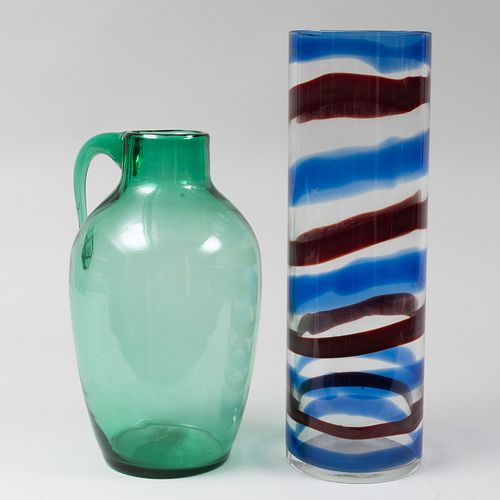 Blenko Green Glass Vessel with Handle and a Striped Venini Glass Cylindrical Vase