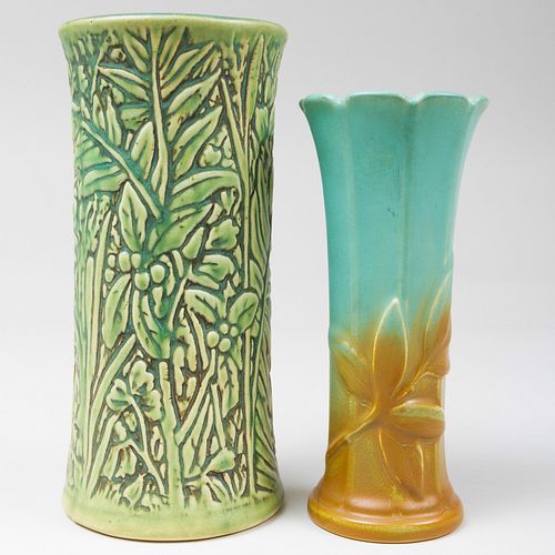 Two Weller Pottery Vases Molded with Leaves