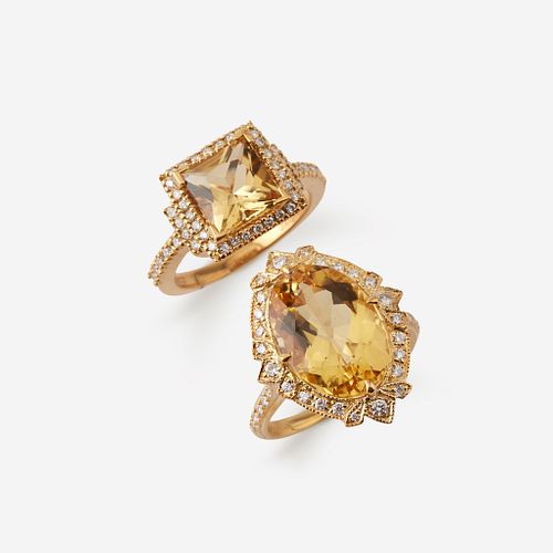 Two yellow beryl, diamond, and eighteen karat gold rings,