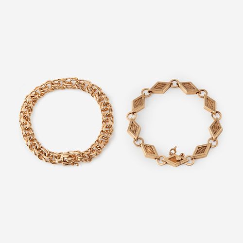 Two fourteen karat gold bracelets,