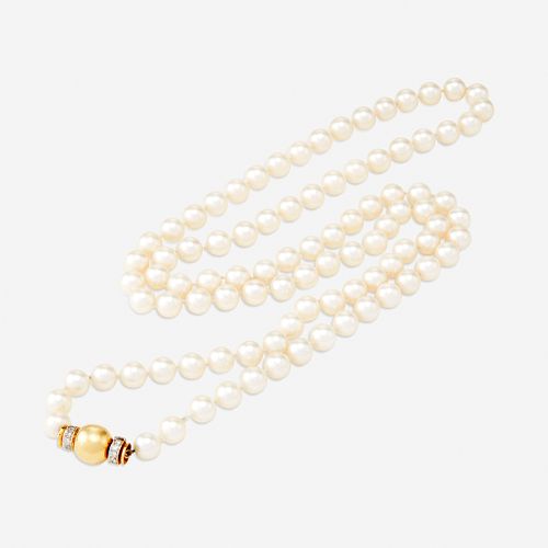 A cultured pearl, eighteen karat gold, and diamond necklace,