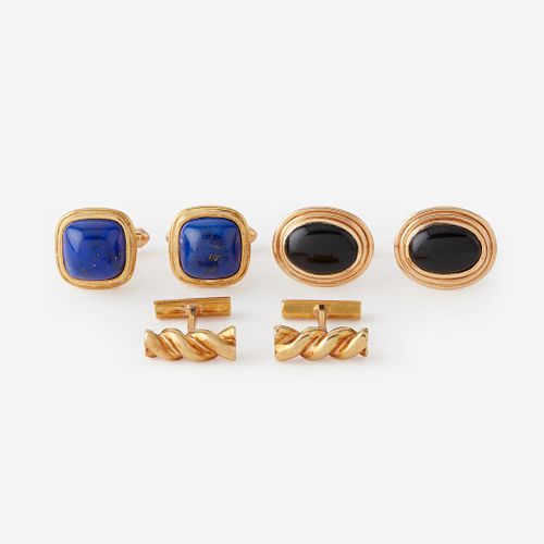 A collection of three pairs of gold cufflinks,