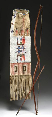 19th C. Native American Plains Bow, Arrow + Pipe Bag