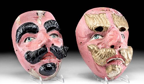 Lot of 2 Vintage Mexican Painted Wood Festival Masks