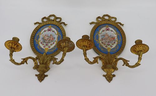 Pair of Gilt Bronze & Sevres & Porcelain Sconces