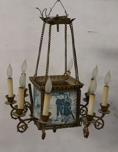 Antique Gilt Metal Chandelier With Delft
