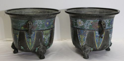 Pair of Antique Chinese Bronze Champleve Garden