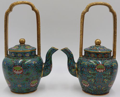 Pair of Chinese Cloisonne and Gilt Bronze Teapots.