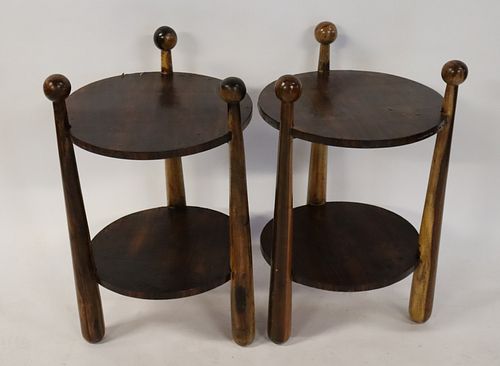 A Pair Of 2 Tier End Tables With Ball Finials.