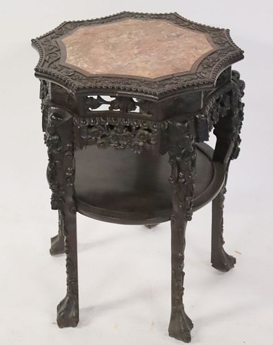 Antique Chinese Carved Pedestal Stand With Marble