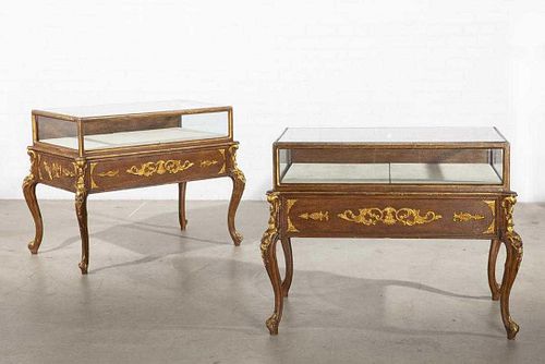 A Pair of Rococo Style Parcel Gilt Wood Vitrine Tables