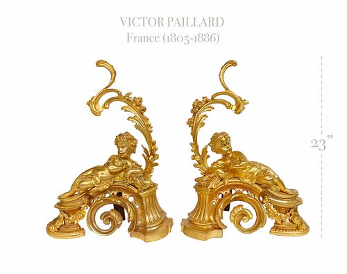 A Pair of VICTOR PAILLARD Gilt Bronze Chenet, 19th C.