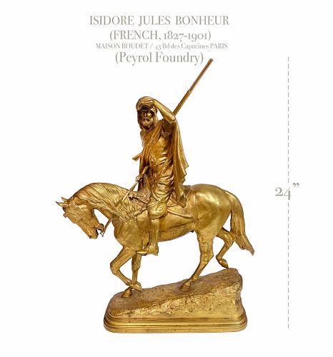 Arab on Horseback Gilt Bronze Statue, Bonheur, 19th C.