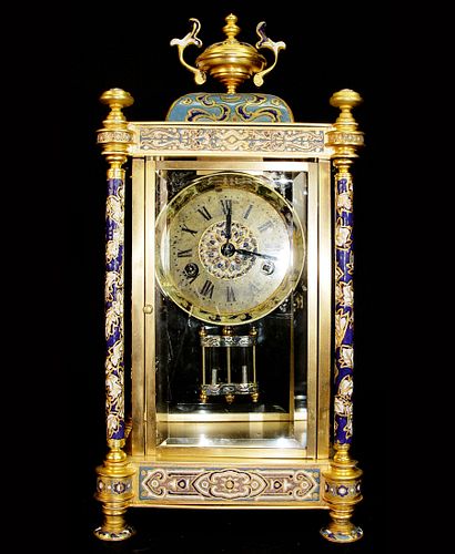 19th C. French Champleve Gilt Bronze & Enamel Clock