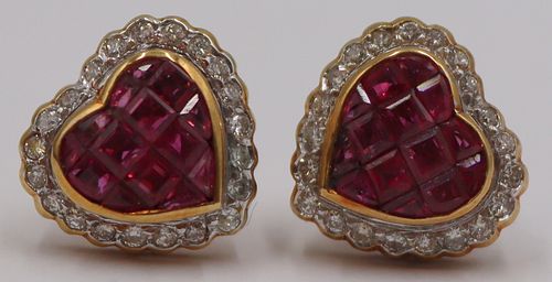 JEWELRY. Pair of 18kt Gold, Ruby and Diamond