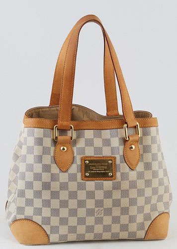 Louis Vuitton Ivory Damier Azur Coated Canvas PM Hampstead Shoulder Bag, the vachetta leather accents and straps with golden brass hardware, opening t