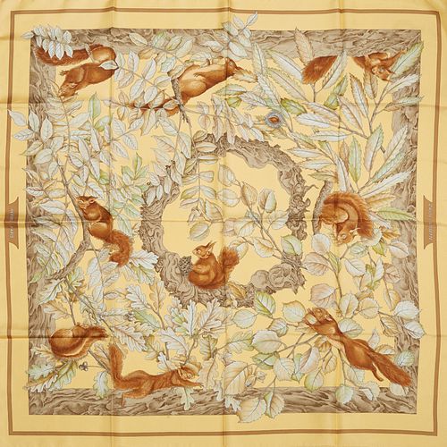 Hermes 'Casse-Noisette' Silk Scarf, by Antoine de Jacquelot, first issued in 1997, on a yellow background, with signature hand rolled edges, H.- 35 in