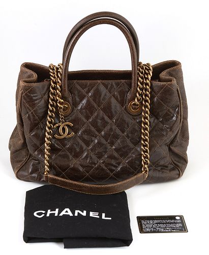 Chanel Dark Brown Calf Leather Caviar Quilted Logo Chair Shoulder Tote, c. 2012, with double rolled leather handles and gold brushed hardware, the int