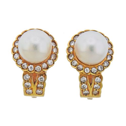 18k Gold Pearl Diamond Earrings 