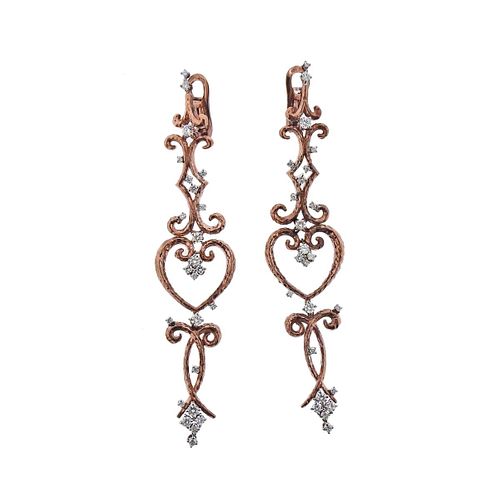 Italian 18K Rose Gold Diamond Long Drop Earrings