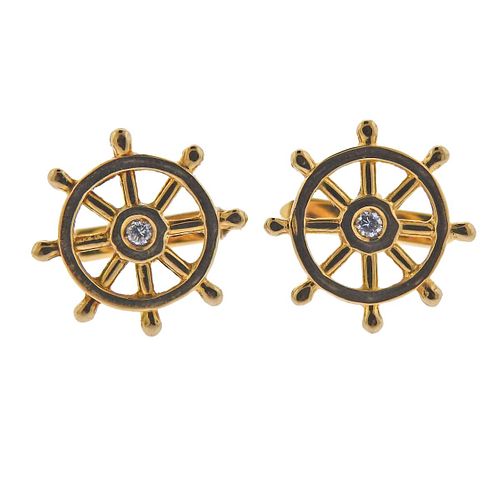 18k Gold Diamond Nautical Ship Wheel Cufflinks 