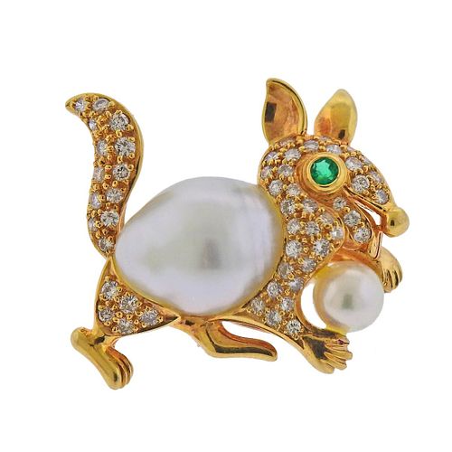 18k Gold Diamond Emerald Baroque Pearl Squirrel Brooch