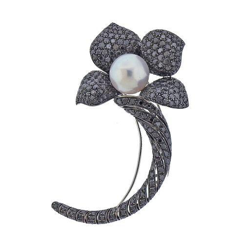 18k Gold Black Diamond South Sea Pearl Flower Brooch 