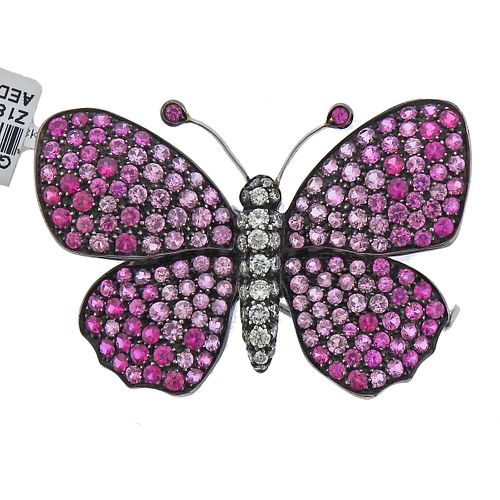 Cantamessa 18k Gold Silver 7.90ctw Pink Sapphire Diamond Butterfly Brooch