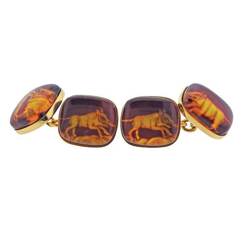 Trianon 18k Gold Wild Boar Amber Cufflinks