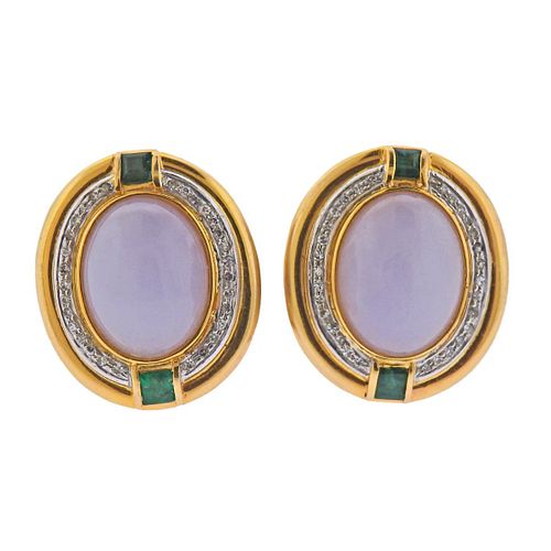14k Gold Lavender Jade Diamond Emerald Earrings 