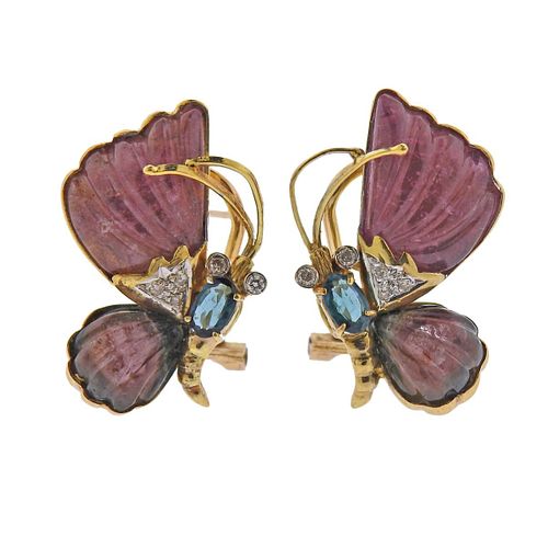 14k Gold Carved Tourmaline Diamond Butterfly Earrings 