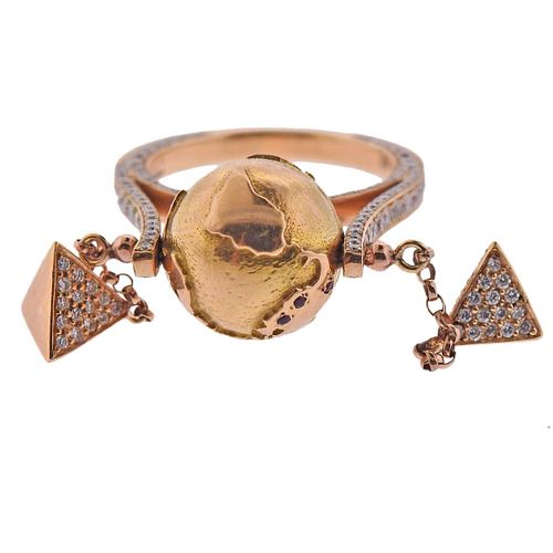 Mishara 18k Gold Diamond Ruby Globe Charm Ring 