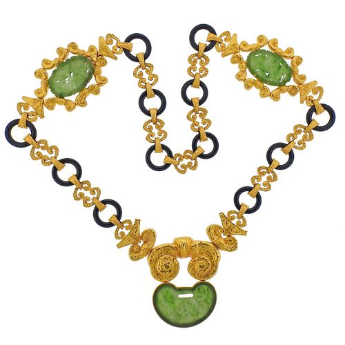 Impressive Carved Nephrite Onyx 18k Gold Necklace 