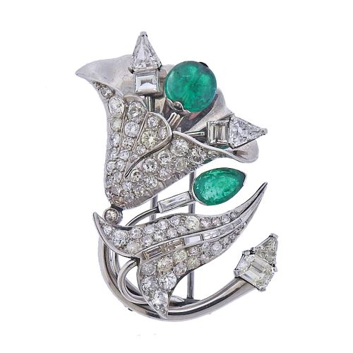 Mid Century Platinum Diamond Emerald Brooch Pin 